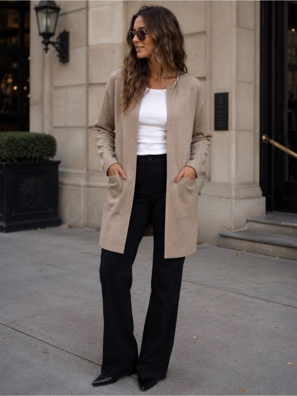 Anrabess Open-Front Long Cardigan in Taupe